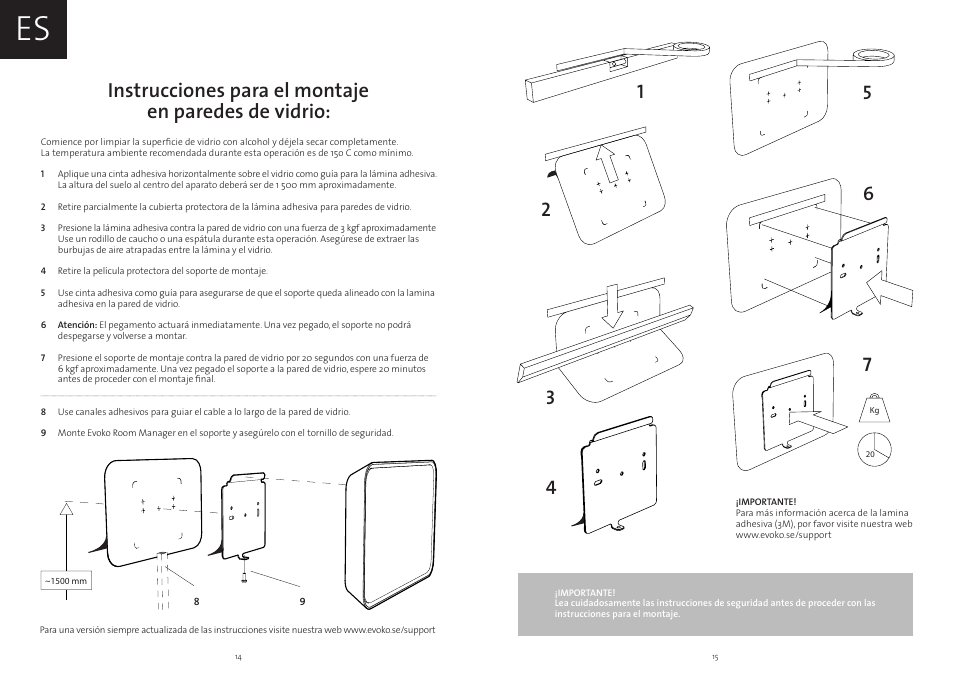 Instrucciones para el montaje en paredes de vidrio | Evoko Room Manager Mounting Instructions User Manual | Page 8 / 17