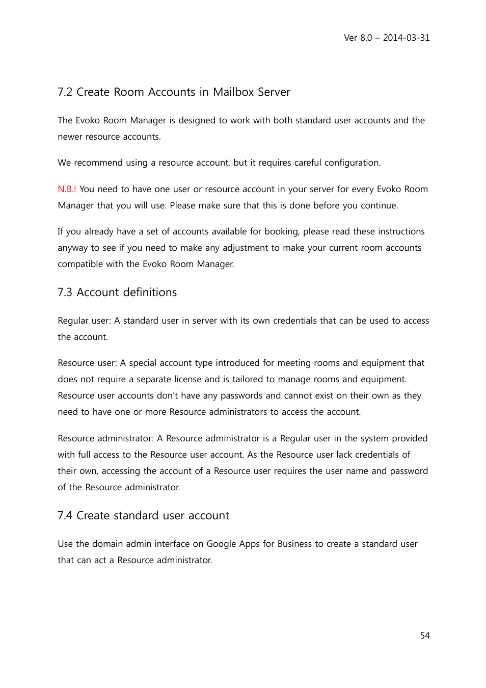 2 create room accounts in mailbox server, 3 account definitions, 4 create standard user account | Evoko Room Manager System Administrators Guide User Manual | Page 54 / 75