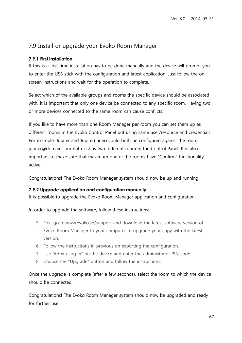 9 install or upgrade your evoko room manager | Evoko Room Manager System Administrators Guide User Manual | Page 67 / 75