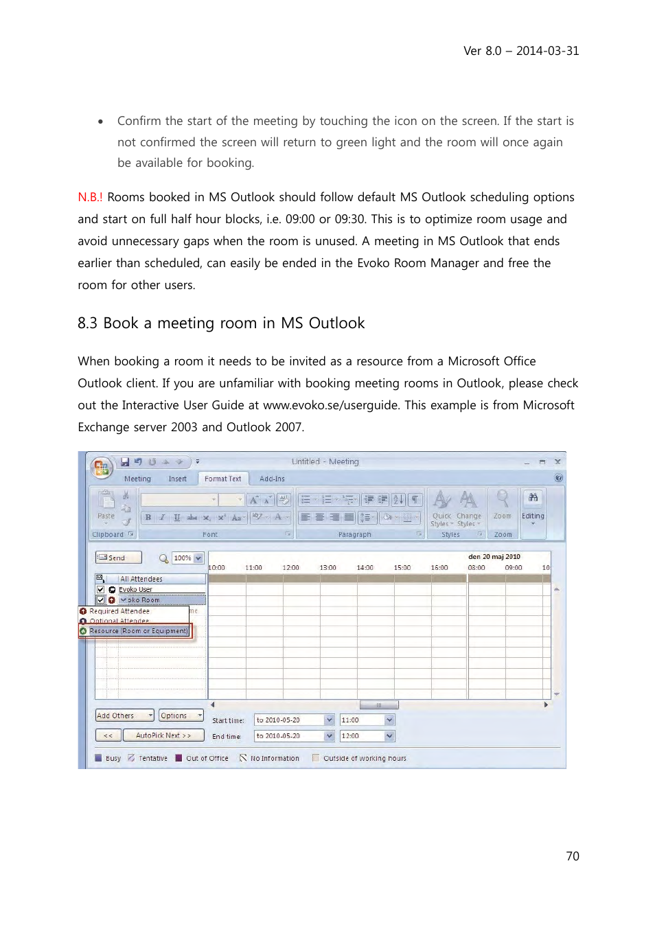 3 book a meeting room in ms outlook | Evoko Room Manager System Administrators Guide User Manual | Page 70 / 75