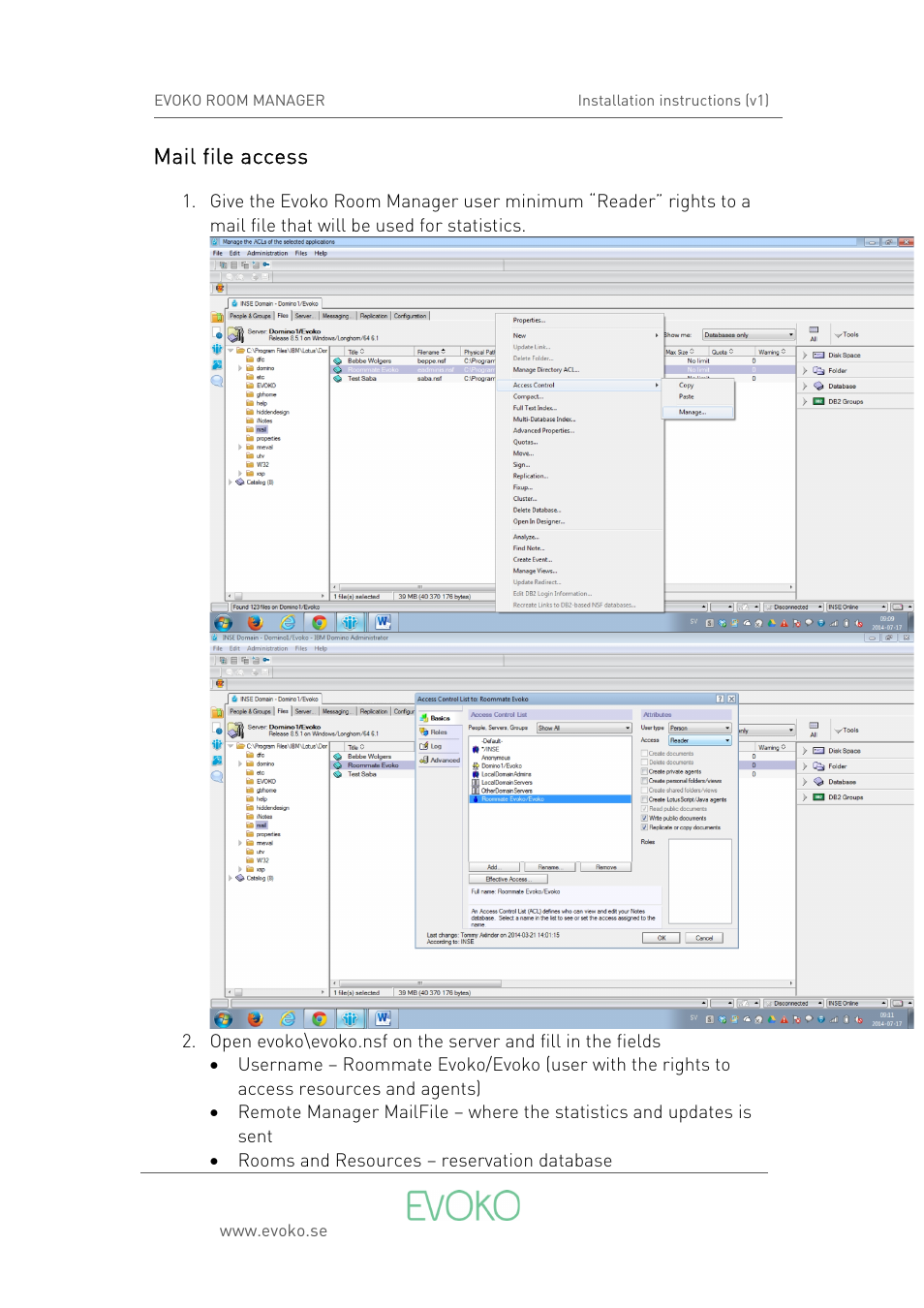 Mail file access | Evoko Room Manager Setup IBM Domino (v1) User Manual | Page 6 / 16