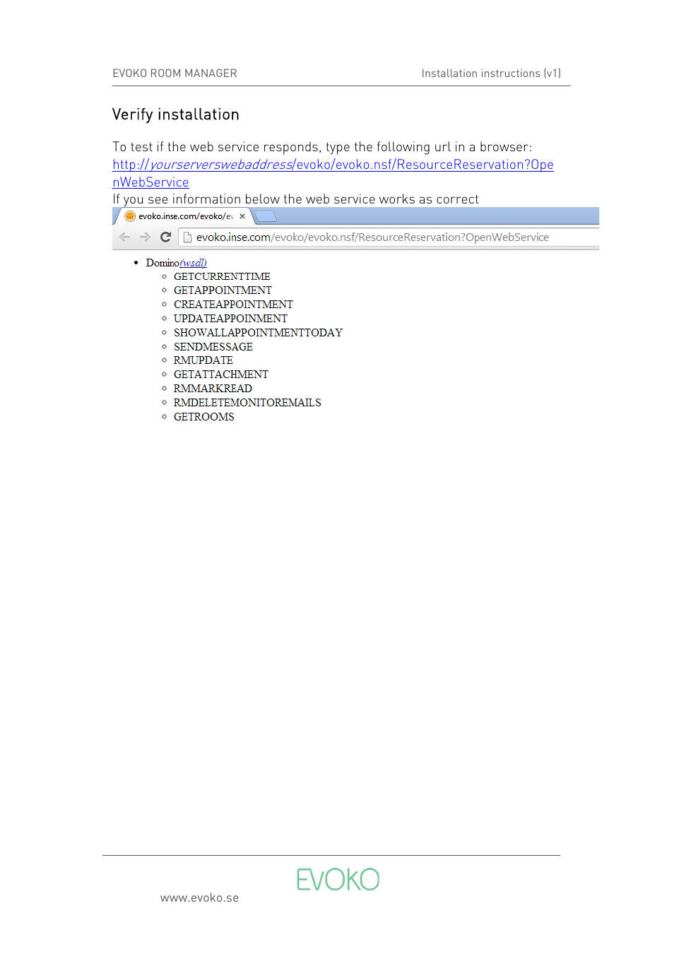 Verify installation | Evoko Room Manager Setup IBM Domino (v1) User Manual | Page 8 / 16