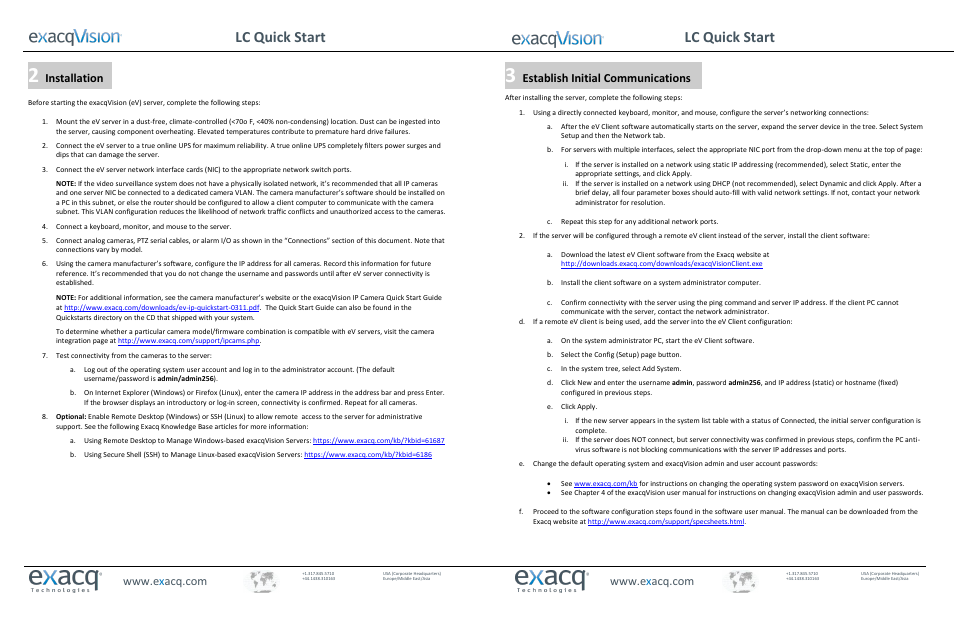 Lc quick start lc quick start, Installation, Establish initial communications | Exacq LC-Series Quick Start Guide User Manual | Page 2 / 2