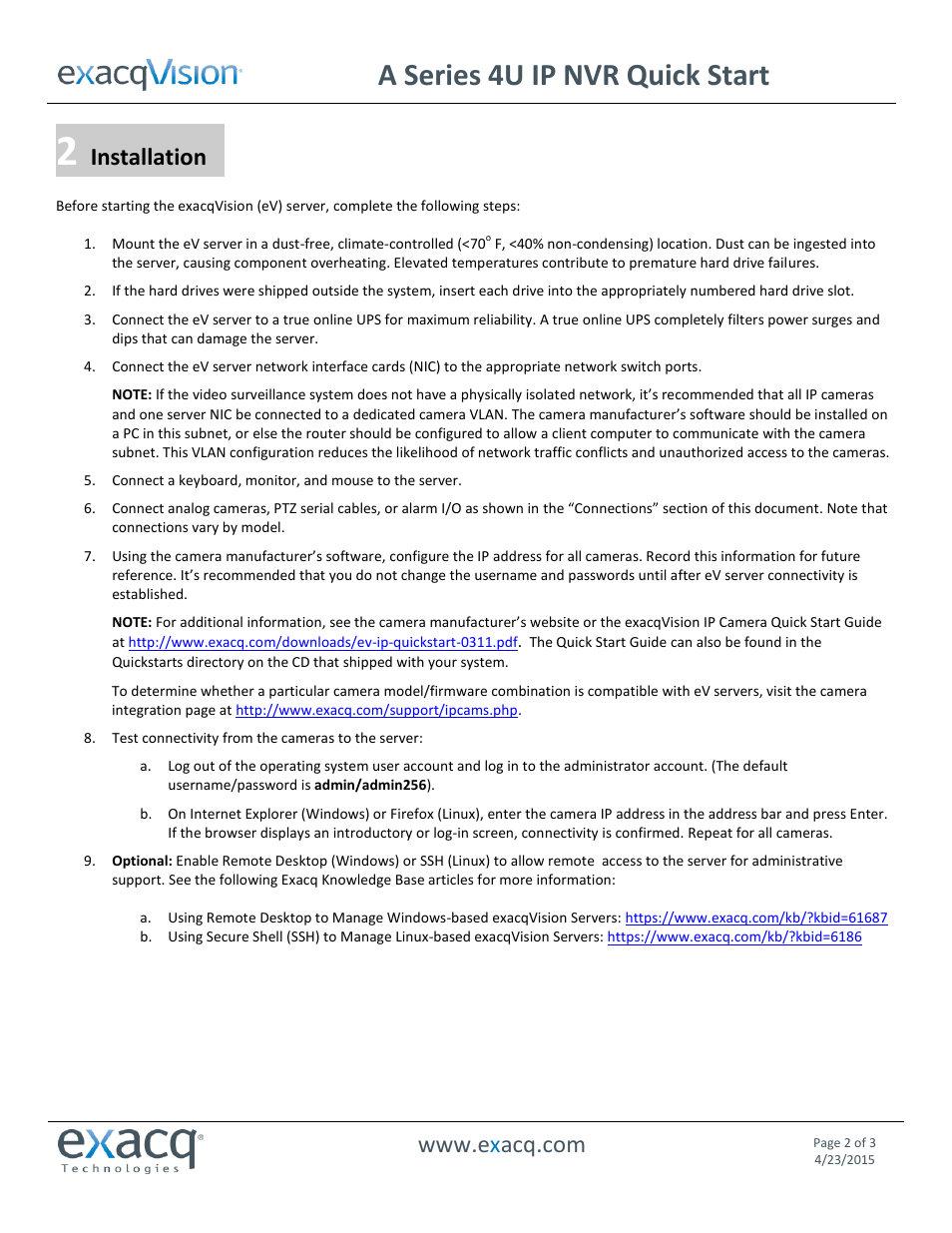 A series 4u ip nvr quick start, Installation | Exacq A Series 4U IP NVR Quick Start Guide User Manual | Page 2 / 3