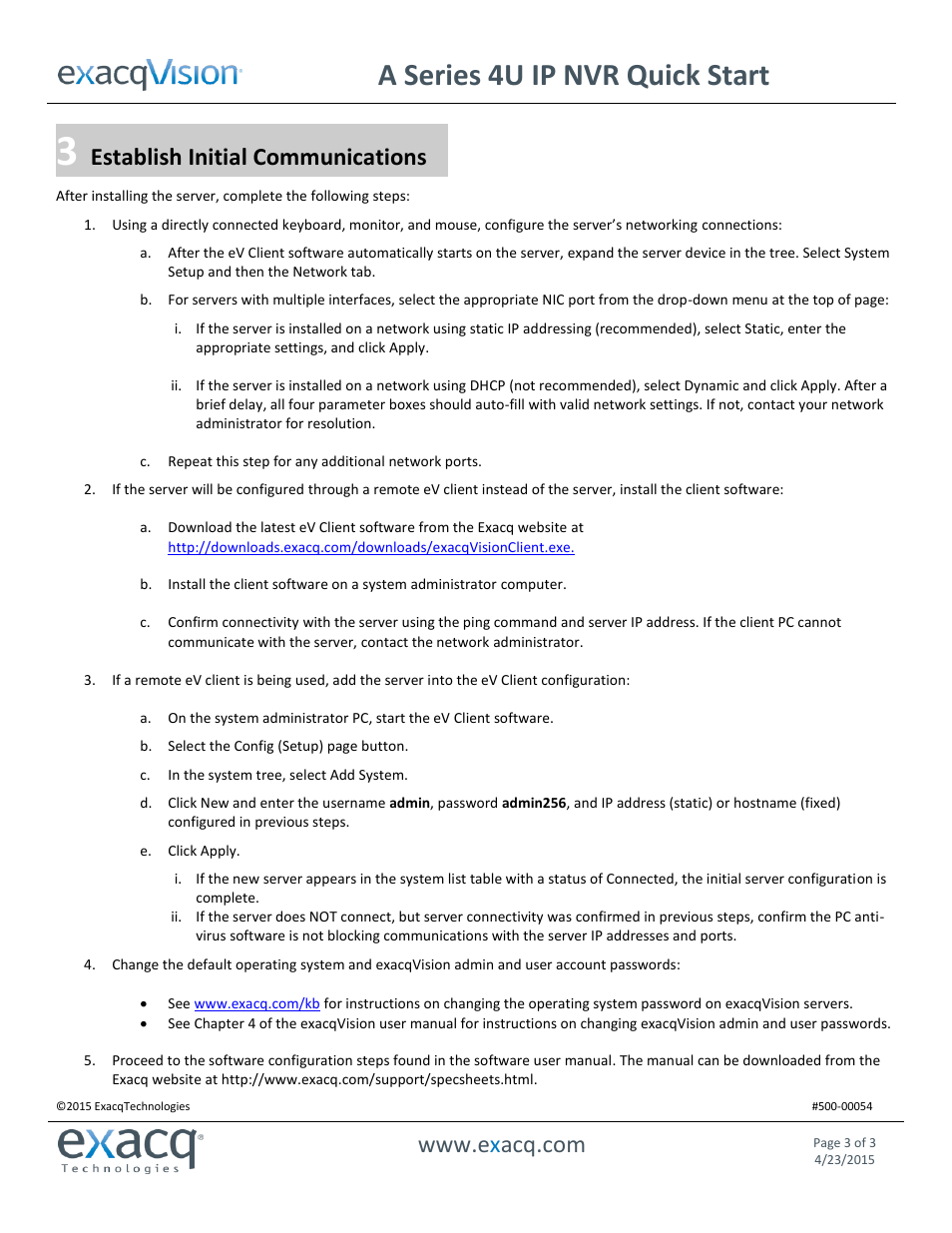 A series 4u ip nvr quick start, Establish initial communications | Exacq A Series 4U IP NVR Quick Start Guide User Manual | Page 3 / 3