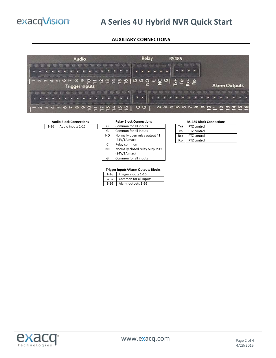 A series 4u hybrid nvr quick start, Auxiliary connections | Exacq A Series 4U Hybrid NVR Quick Start Guide User Manual | Page 2 / 4