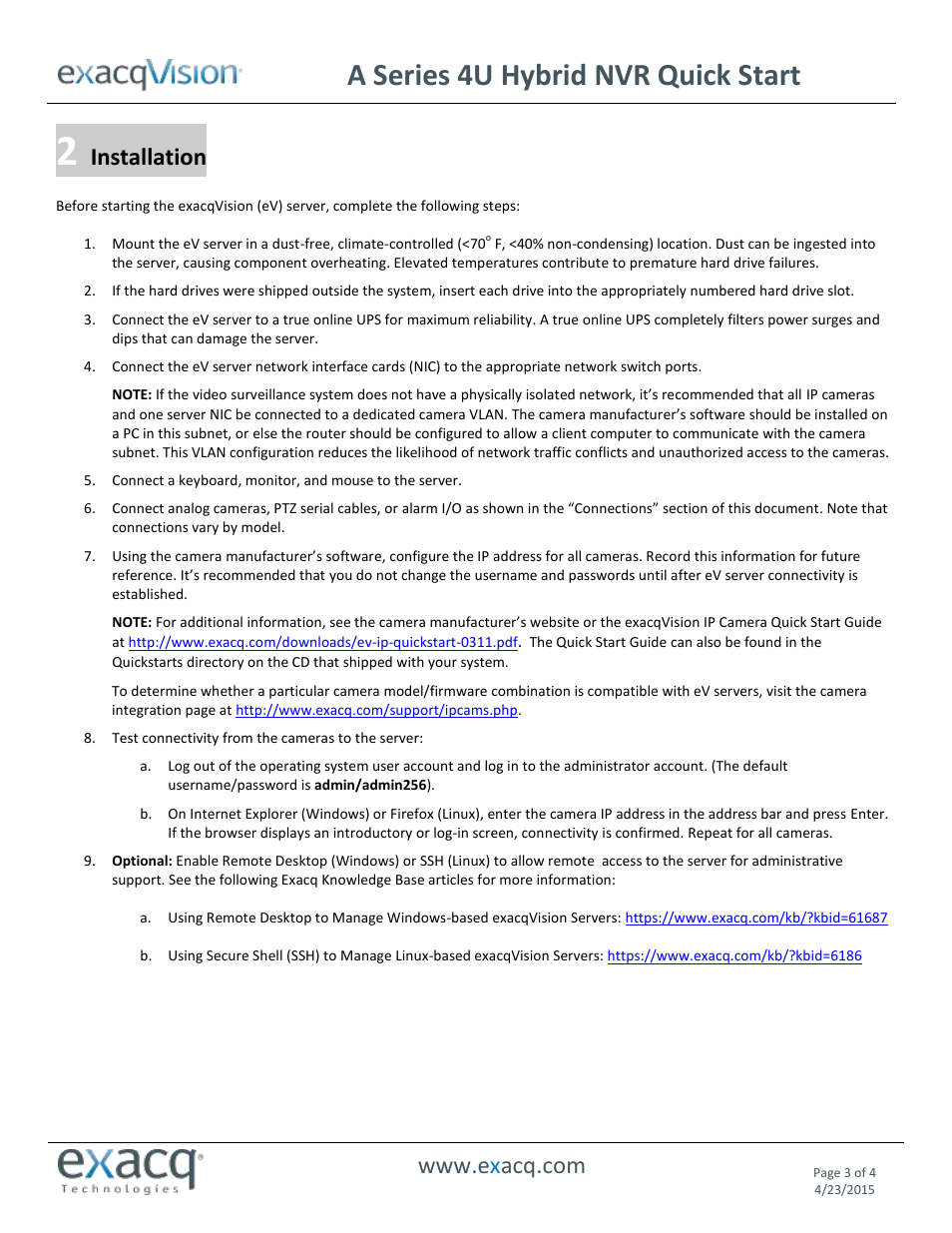 A series 4u hybrid nvr quick start, Installation | Exacq A Series 4U Hybrid NVR Quick Start Guide User Manual | Page 3 / 4