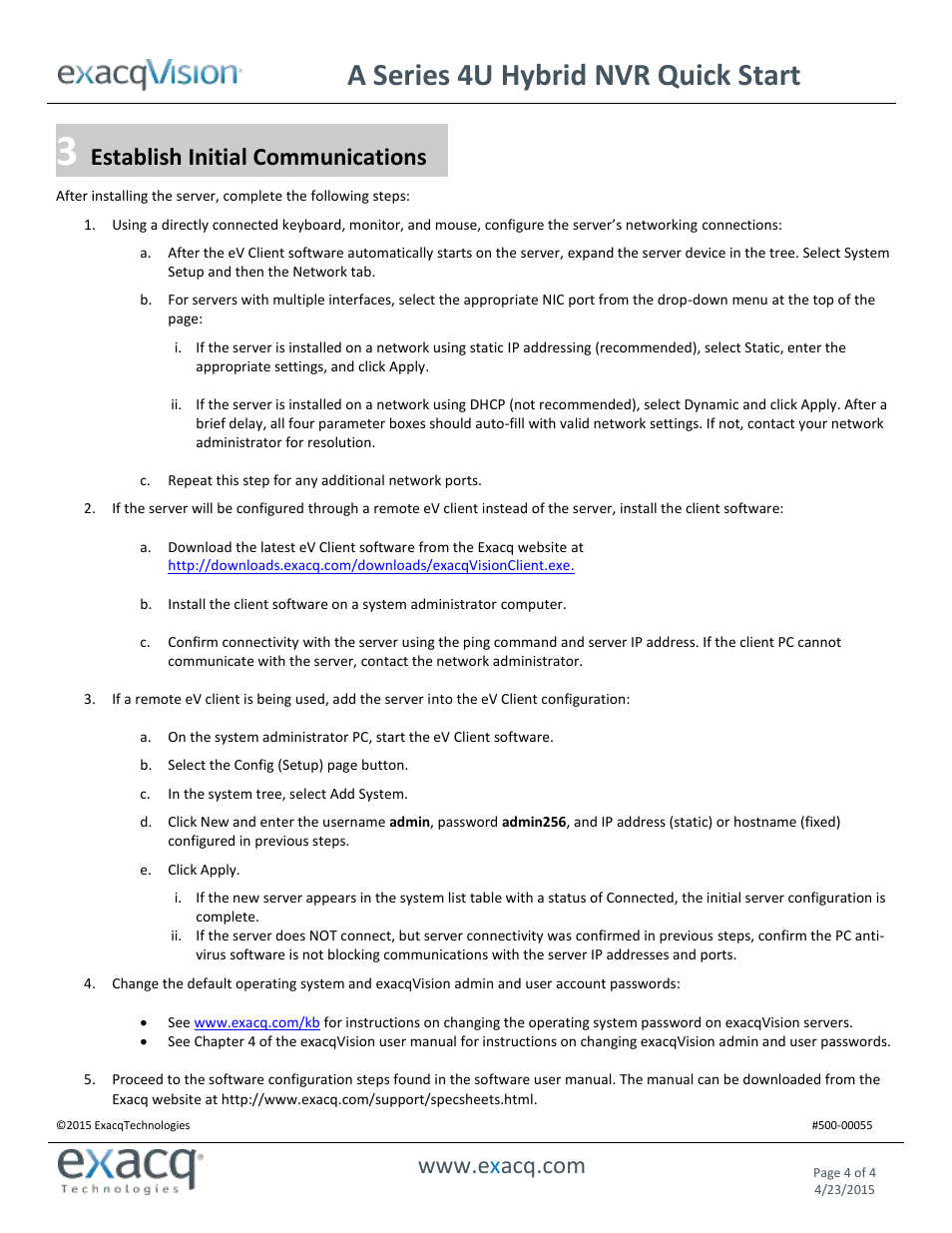 A series 4u hybrid nvr quick start, Establish initial communications | Exacq A Series 4U Hybrid NVR Quick Start Guide User Manual | Page 4 / 4