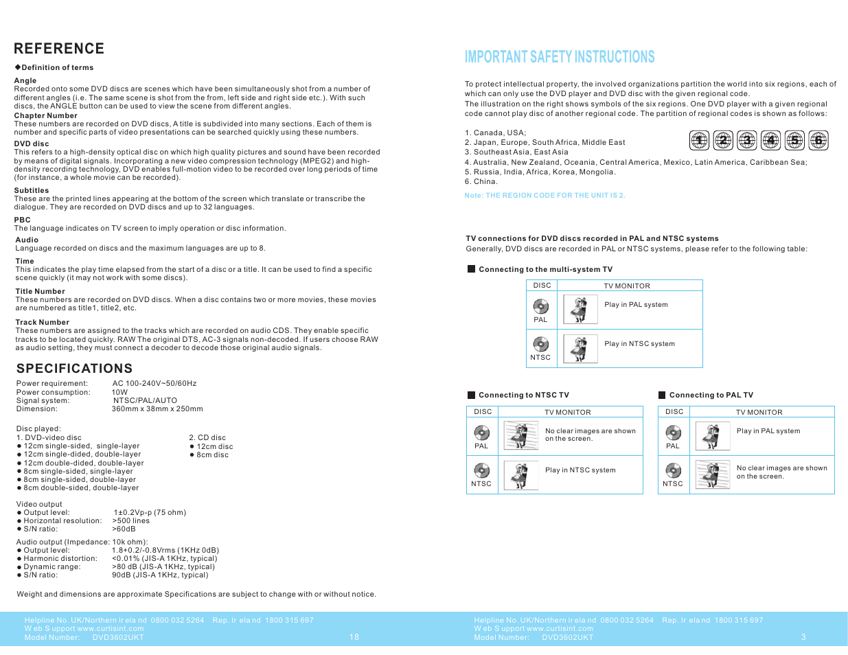 Important safety instructions, Reference, Specifications | Curtis DVD3602UKT User Manual | Page 4 / 11
