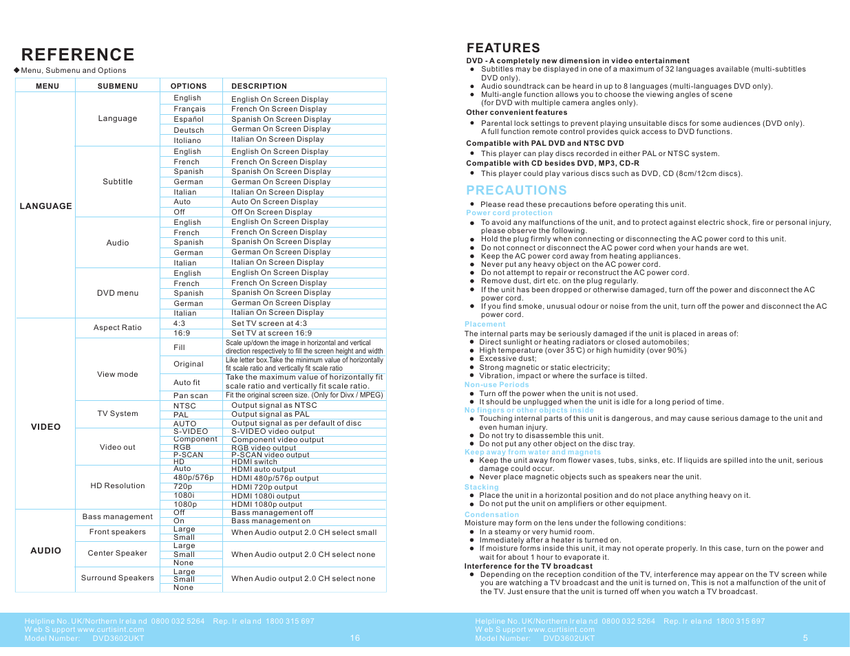 Reference, Features, Precautions | Curtis DVD3602UKT User Manual | Page 6 / 11