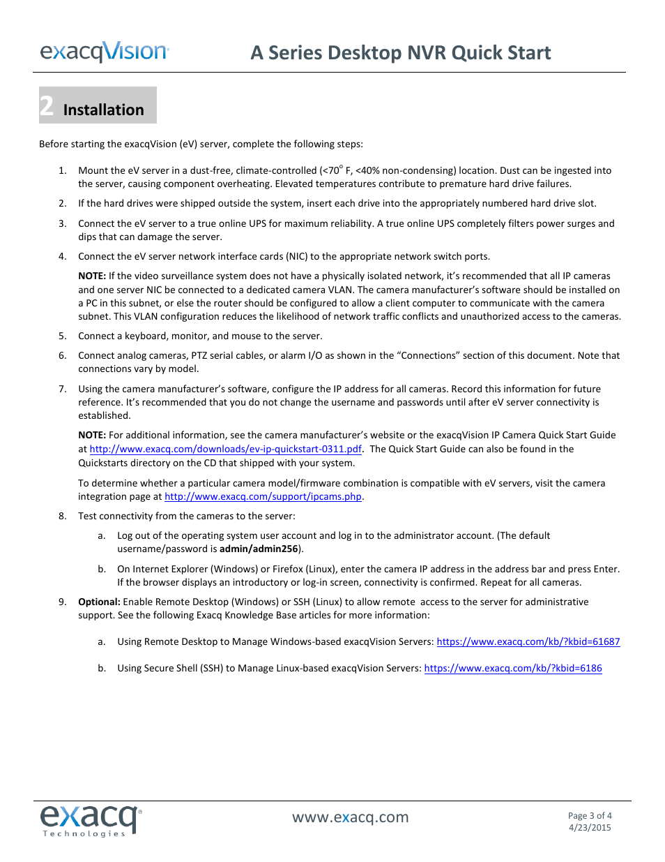 A series desktop nvr quick start, Installation | Exacq A Series Desktop NVR Quick Start Guide User Manual | Page 3 / 4