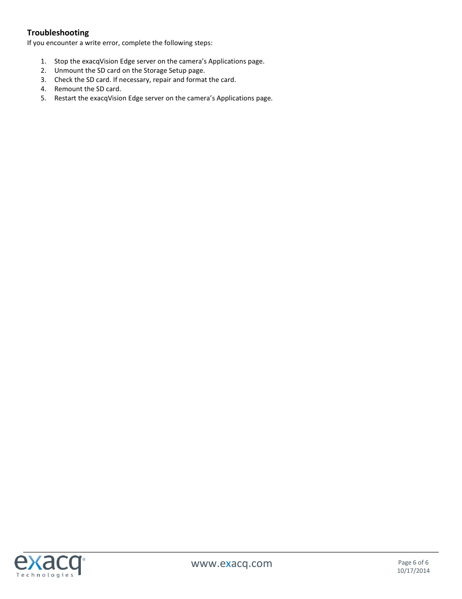 Exacq exacqVision Edge/Axis Quick Start Guide User Manual | Page 6 / 6