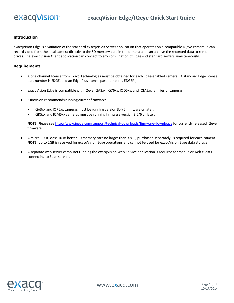 Exacq exacqVision Edge/IQeye Quick Start Guide User Manual | 5 pages