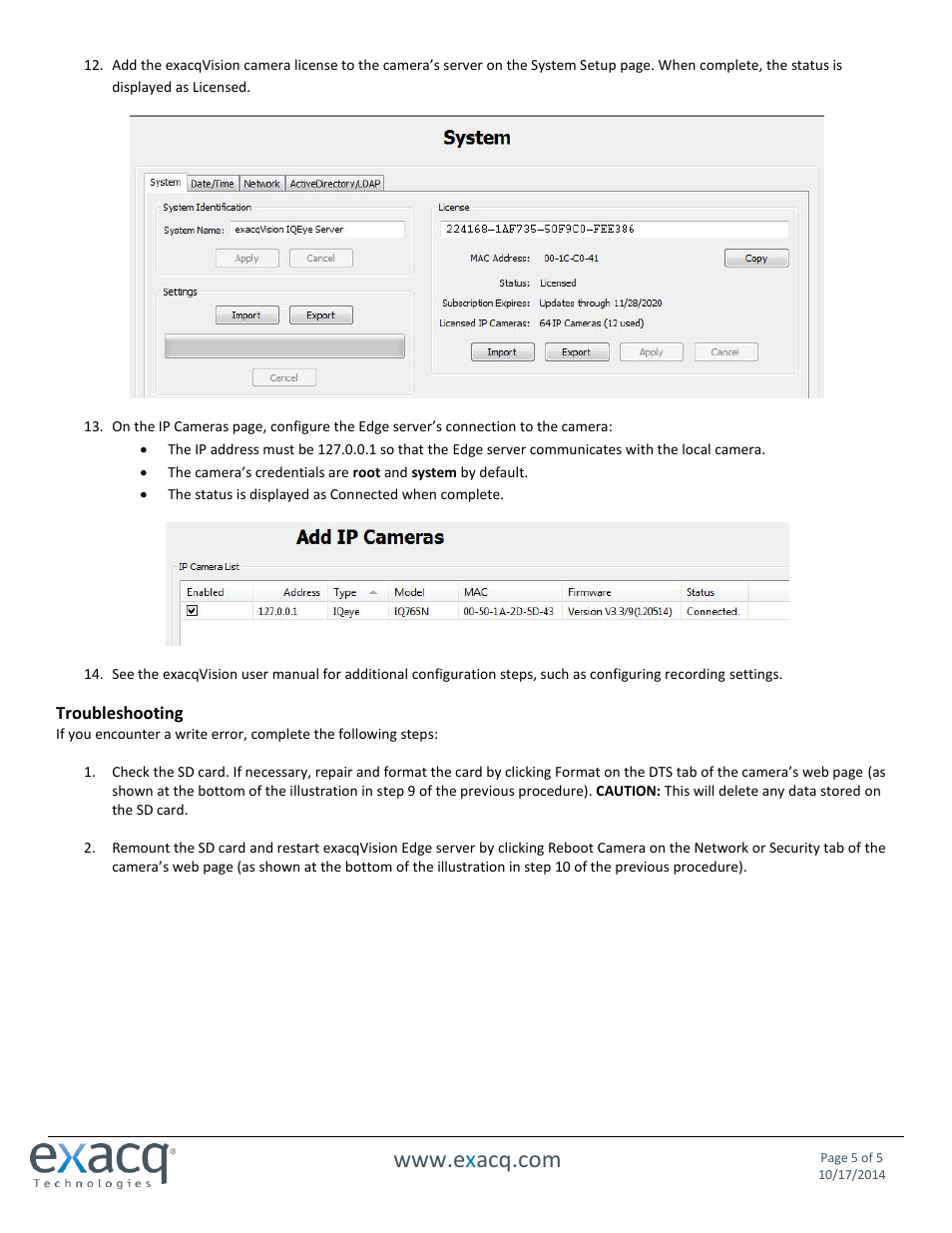 Exacq exacqVision Edge/IQeye Quick Start Guide User Manual | Page 5 / 5