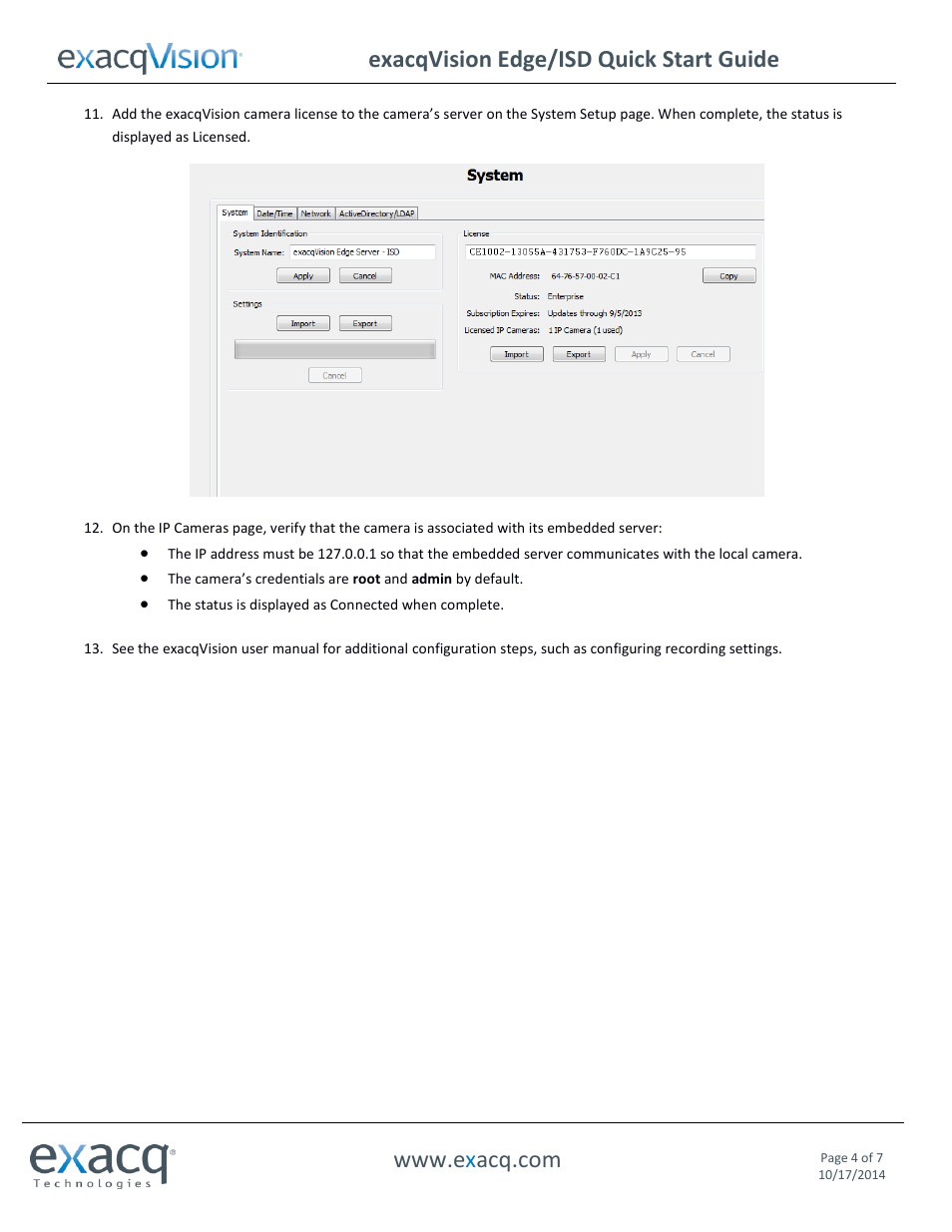 Exacqvision edge/isd quick start guide | Exacq exacqVision Edge/ISD Quick Start Guide User Manual | Page 4 / 7