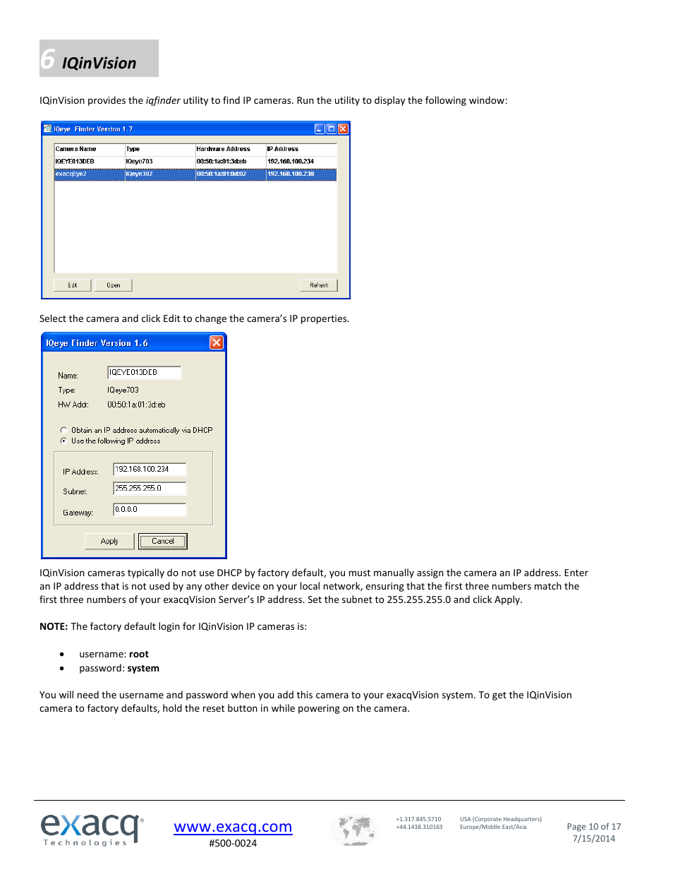 Iqinvision | Exacq exacqVision IP Camera Quick Start Guide User Manual | Page 10 / 17