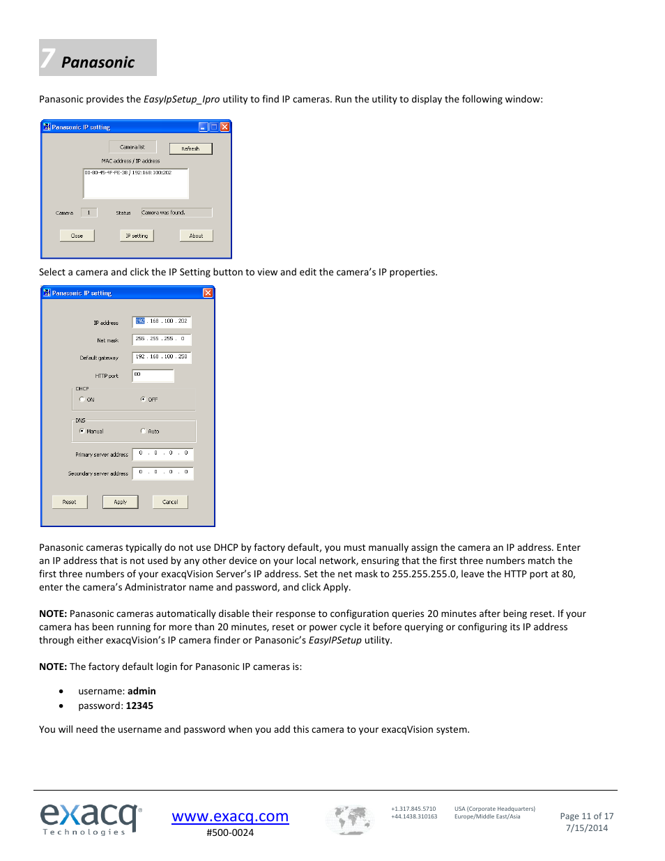 Panasonic | Exacq exacqVision IP Camera Quick Start Guide User Manual | Page 11 / 17