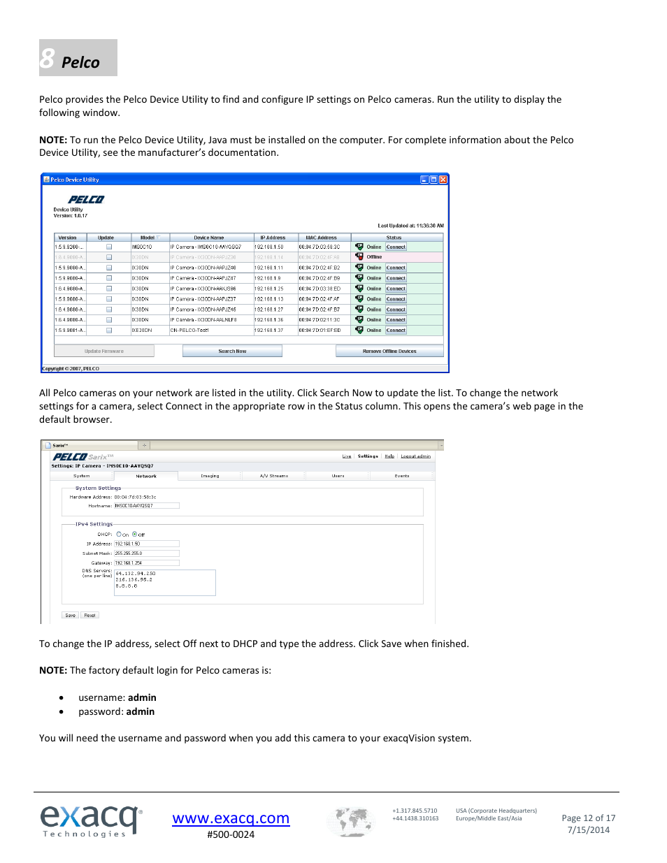 Pelco | Exacq exacqVision IP Camera Quick Start Guide User Manual | Page 12 / 17