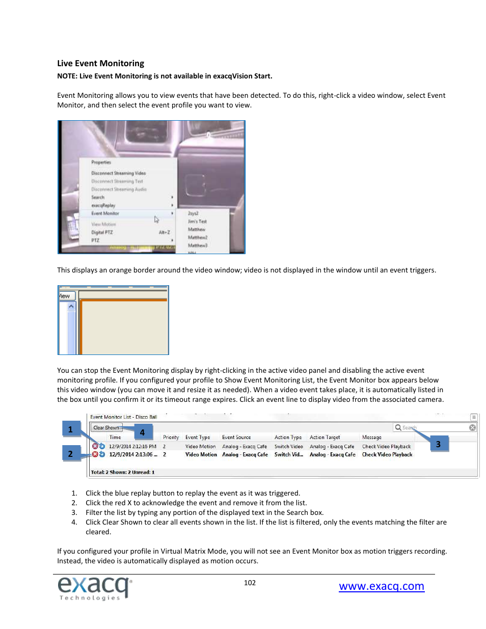 Live event monitoring | Exacq exacqVision Pro User Manual User Manual | Page 102 / 134
