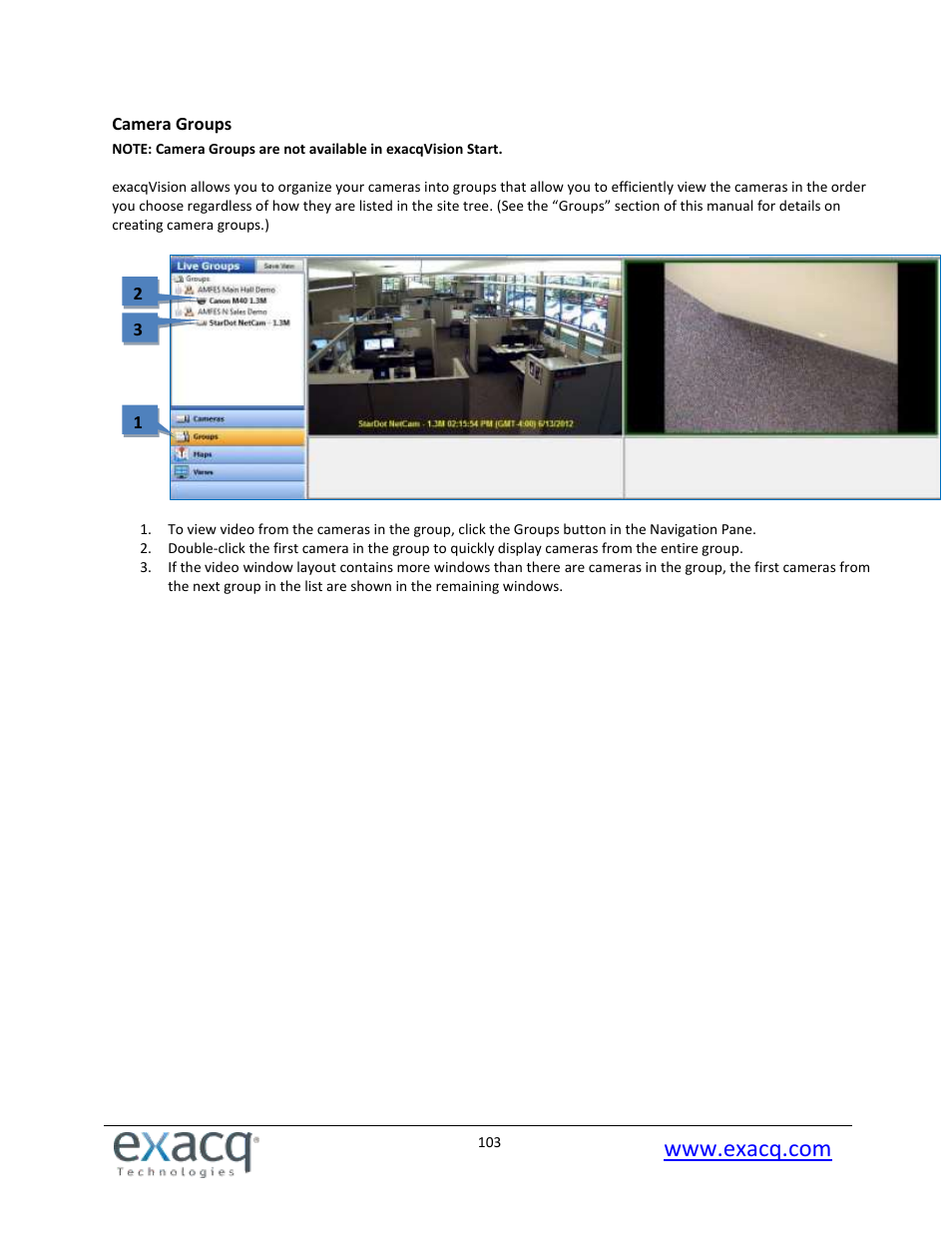 Camera groups | Exacq exacqVision Pro User Manual User Manual | Page 103 / 134