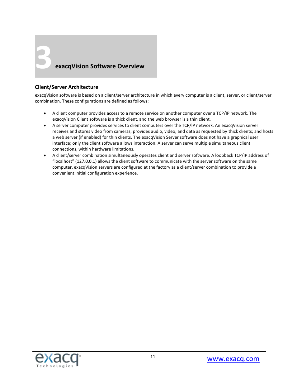 Exacqvision software overview, Client/server architecture | Exacq exacqVision Pro User Manual User Manual | Page 11 / 134