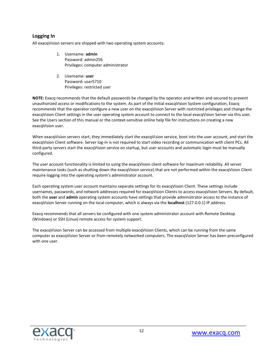 Logging in | Exacq exacqVision Pro User Manual User Manual | Page 12 / 134