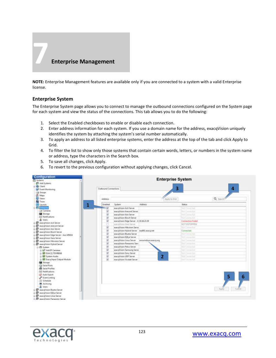7 enterprise management, Enterprise system | Exacq exacqVision Pro User Manual User Manual | Page 123 / 134