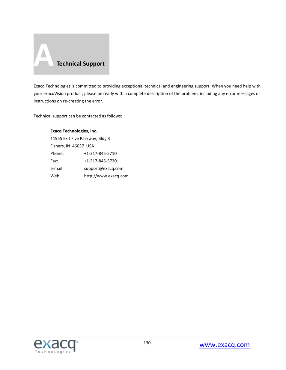 A technical support | Exacq exacqVision Pro User Manual User Manual | Page 130 / 134