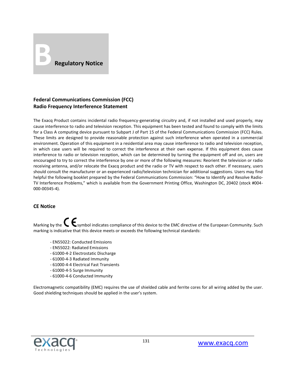 B regulatory notice | Exacq exacqVision Pro User Manual User Manual | Page 131 / 134