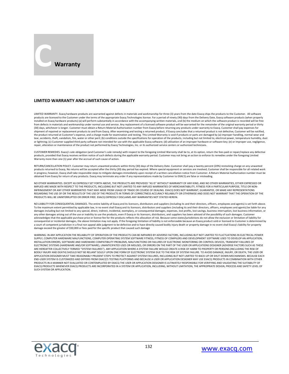 C warranty | Exacq exacqVision Pro User Manual User Manual | Page 132 / 134