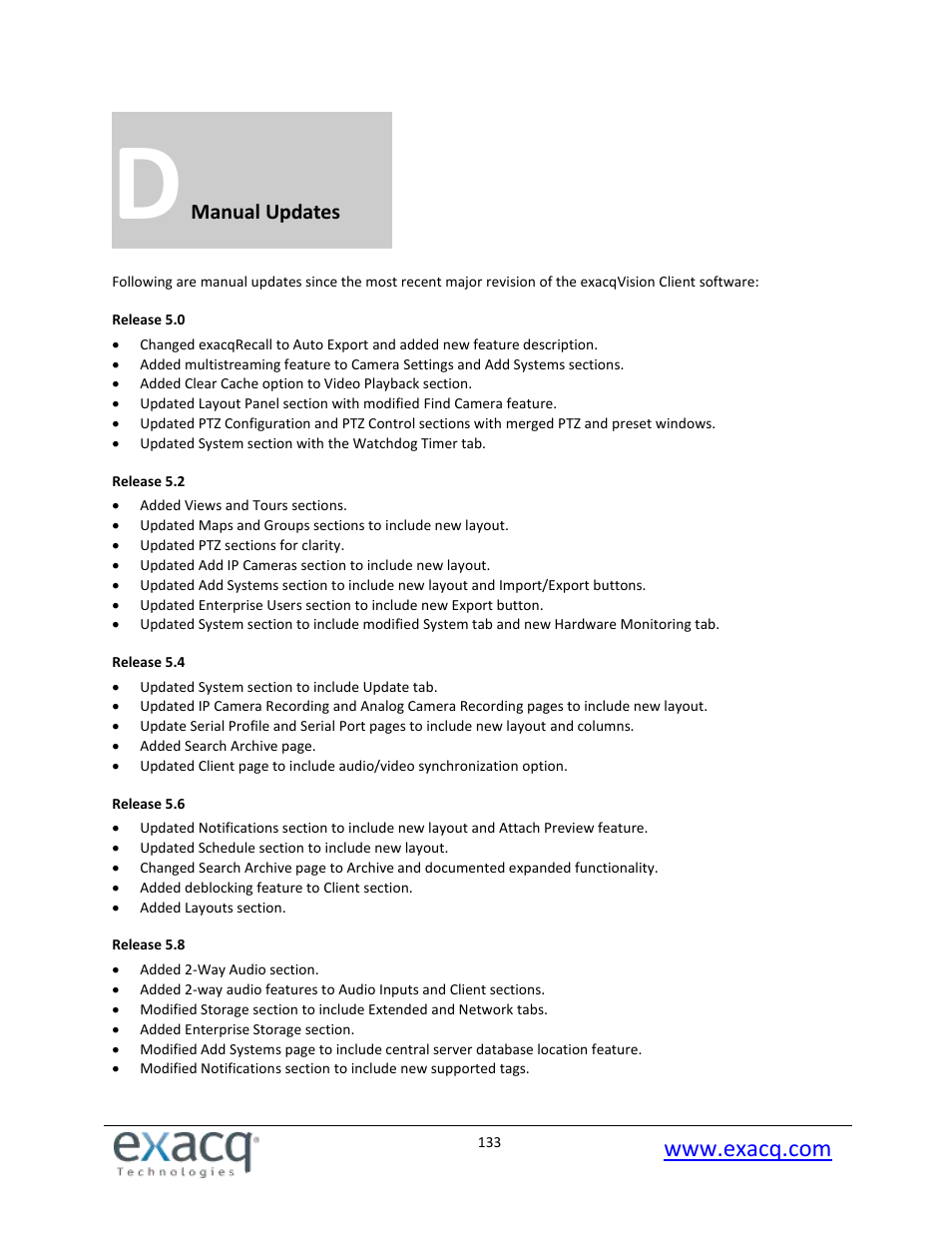 D manual updates, Release 5.0, Release 5.2 | Release 5.4, Release 5.6, Release 5.8, Manual updates | Exacq exacqVision Pro User Manual User Manual | Page 133 / 134