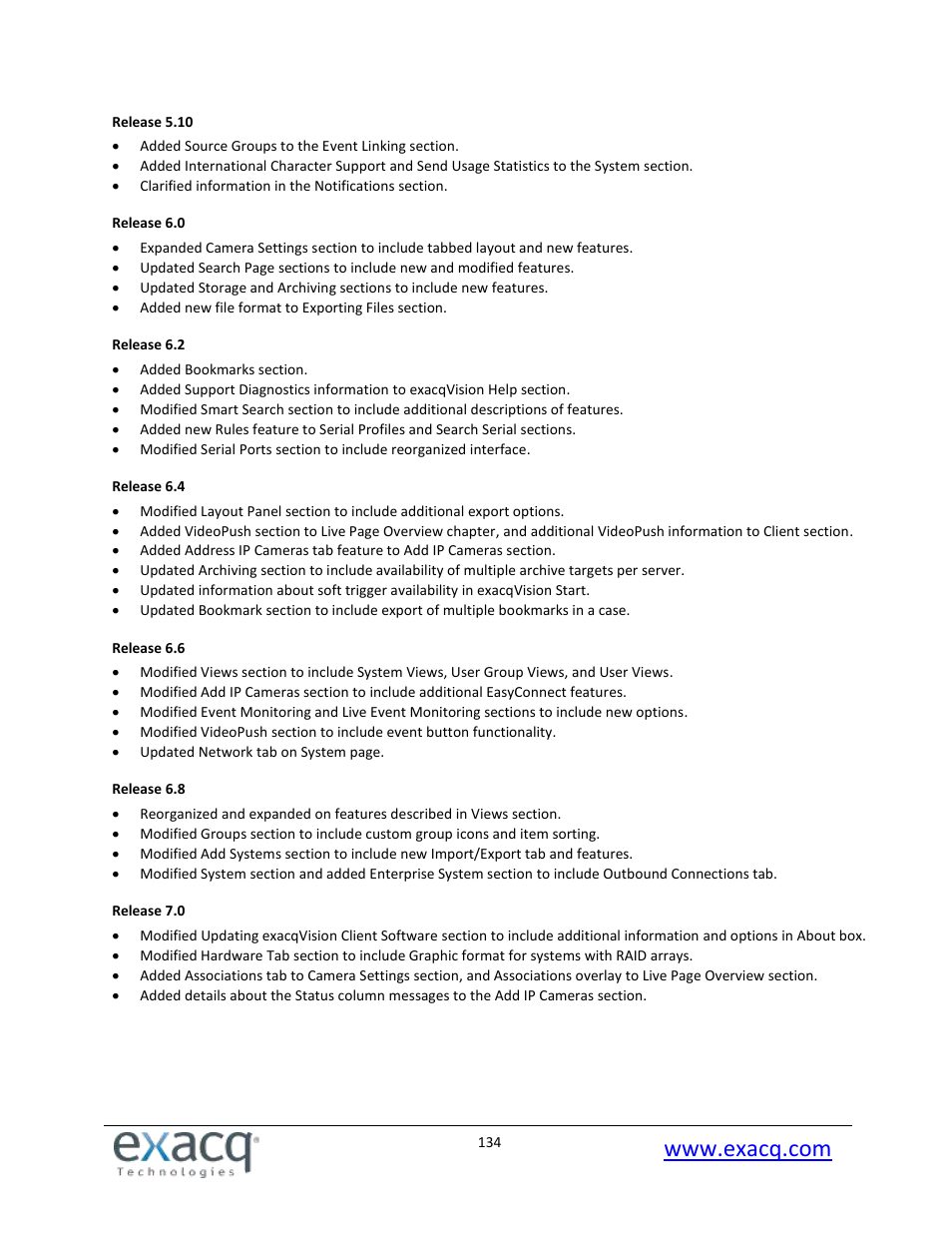 Release 5.10, Release 6.0, Release 6.2 | Release 6.4, Release 6.6, Release 6.8, Release 7.0 | Exacq exacqVision Pro User Manual User Manual | Page 134 / 134