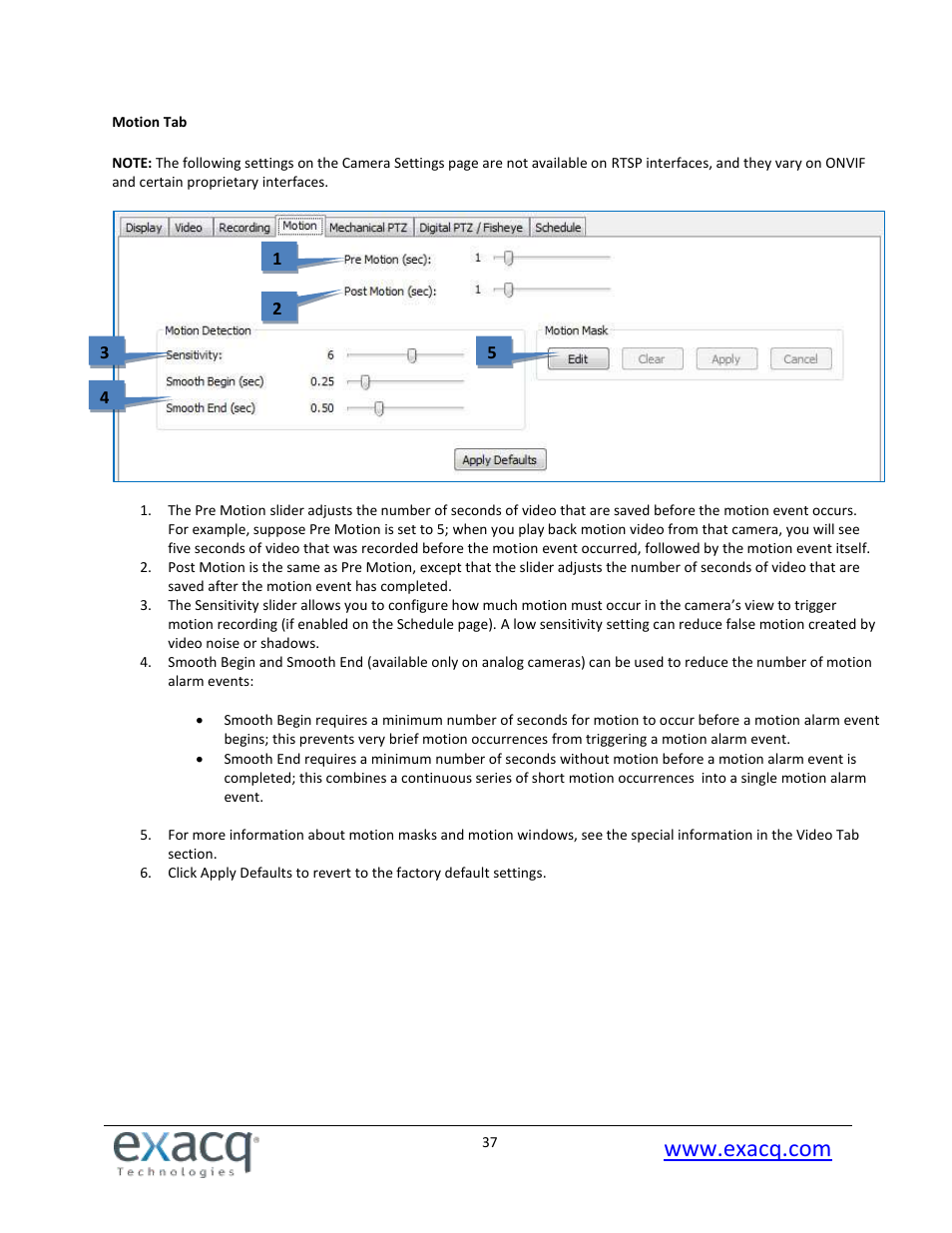 Motion tab | Exacq exacqVision Pro User Manual User Manual | Page 37 / 134