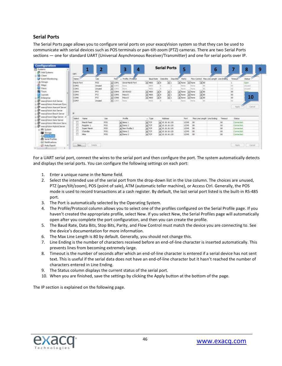 Serial ports | Exacq exacqVision Pro User Manual User Manual | Page 46 / 134