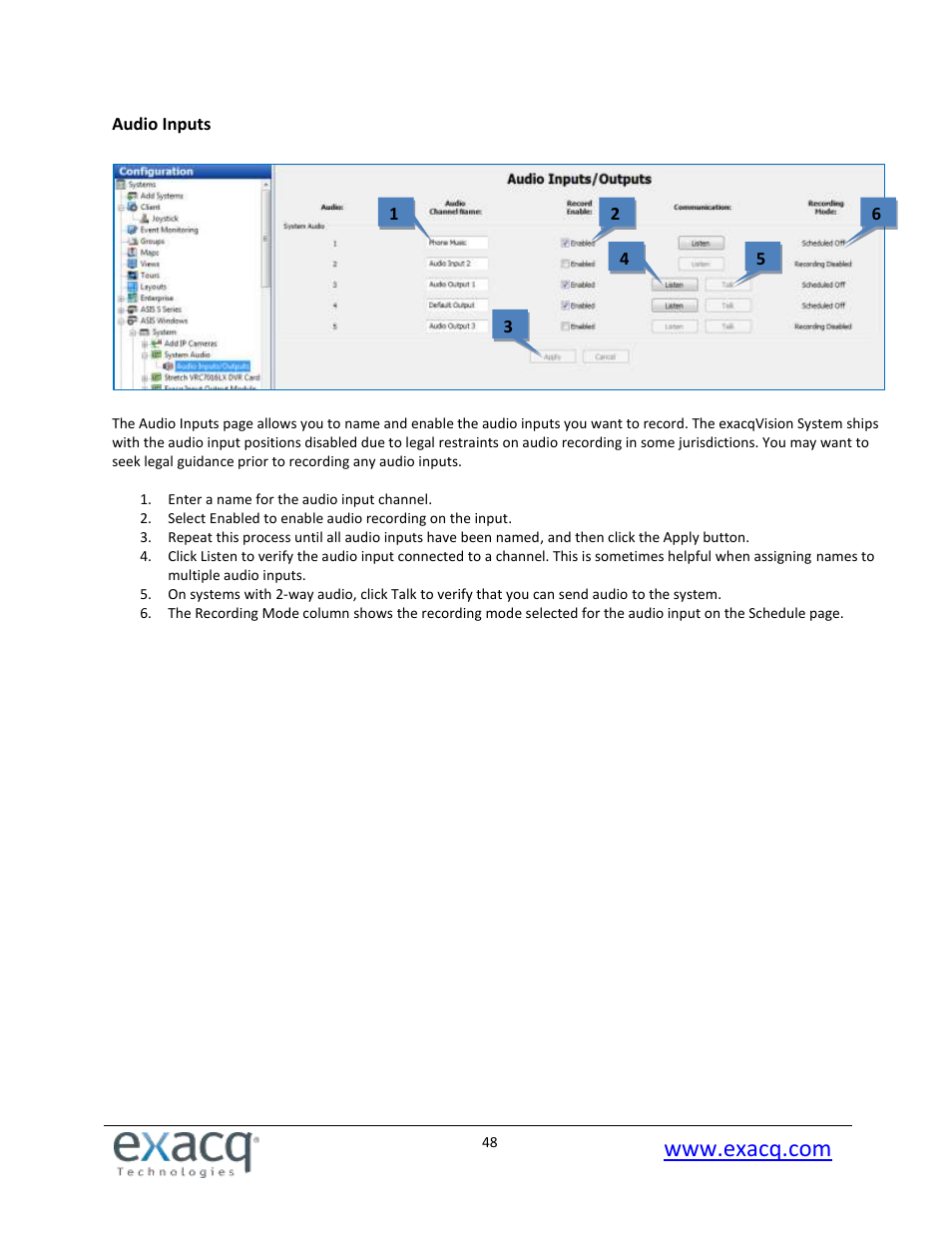 Audio inputs | Exacq exacqVision Pro User Manual User Manual | Page 48 / 134
