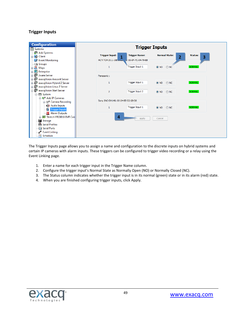 Trigger inputs | Exacq exacqVision Pro User Manual User Manual | Page 49 / 134