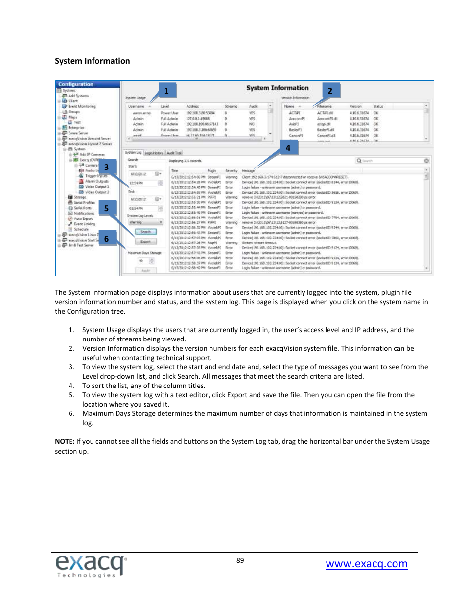 System information | Exacq exacqVision Pro User Manual User Manual | Page 89 / 134