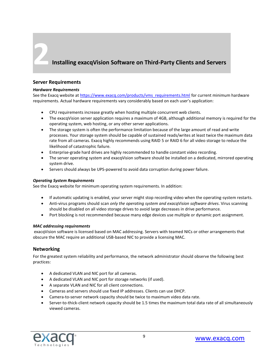 Server requirements, Networking | Exacq exacqVision Pro User Manual User Manual | Page 9 / 134