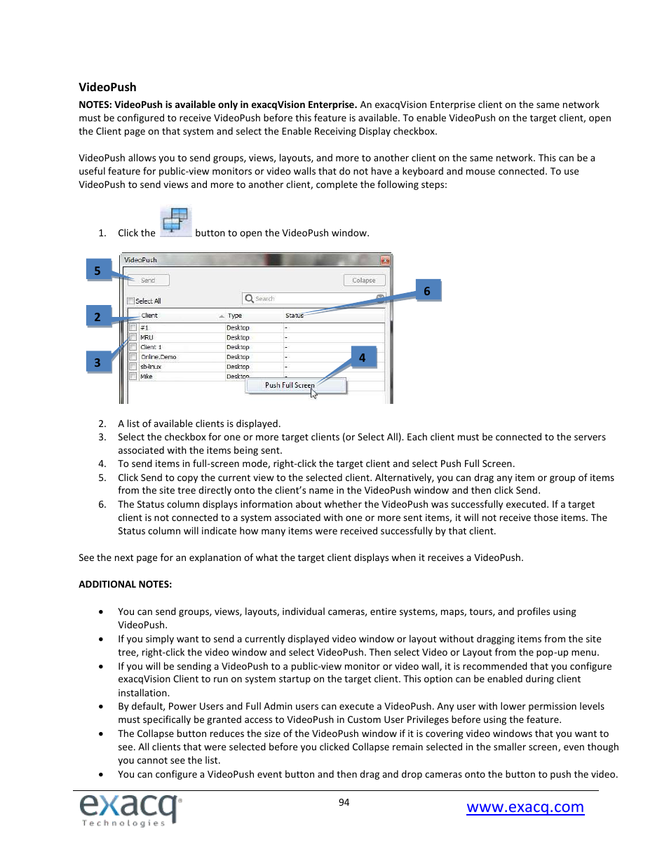 Videopush | Exacq exacqVision Pro User Manual User Manual | Page 94 / 134