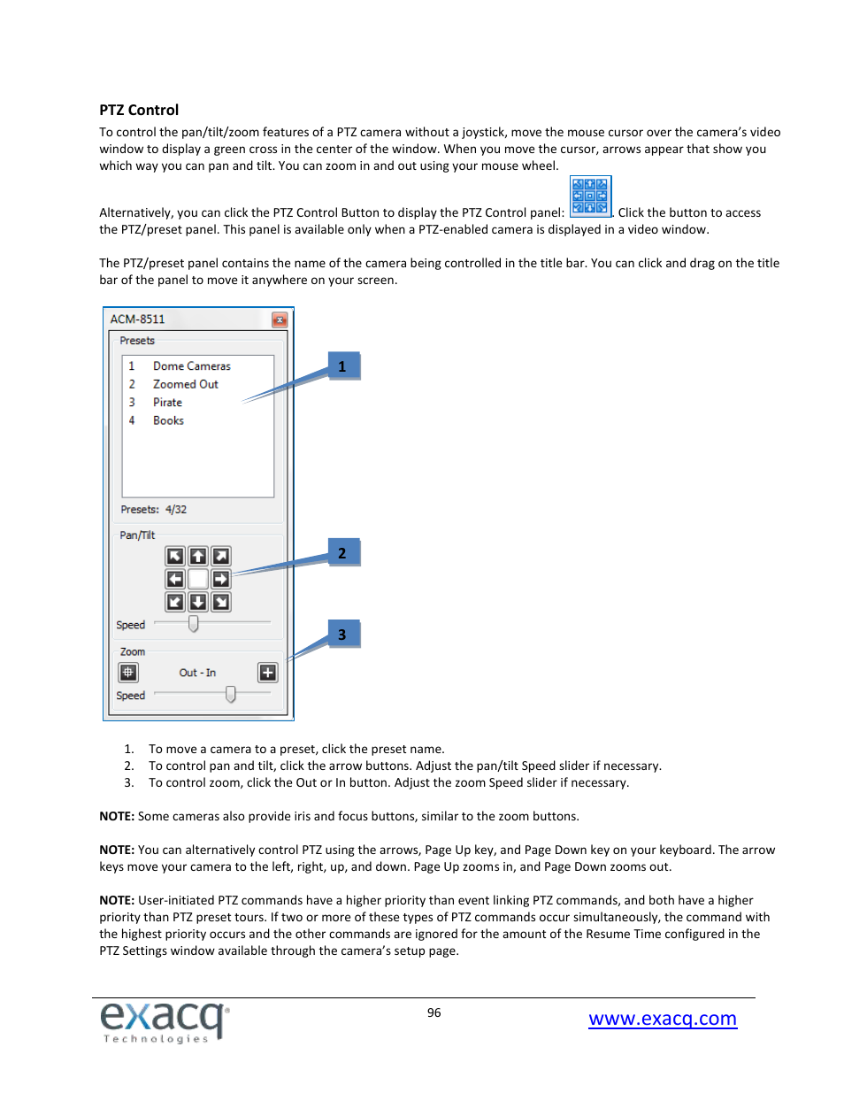 Ptz control | Exacq exacqVision Pro User Manual User Manual | Page 96 / 134