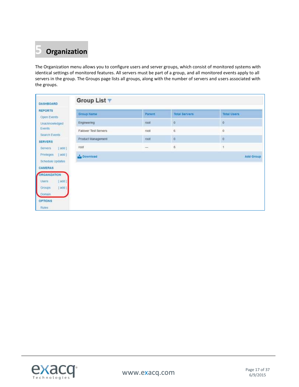 5 organization, Organization | Exacq Enterprise System Manager User Manual User Manual | Page 17 / 37