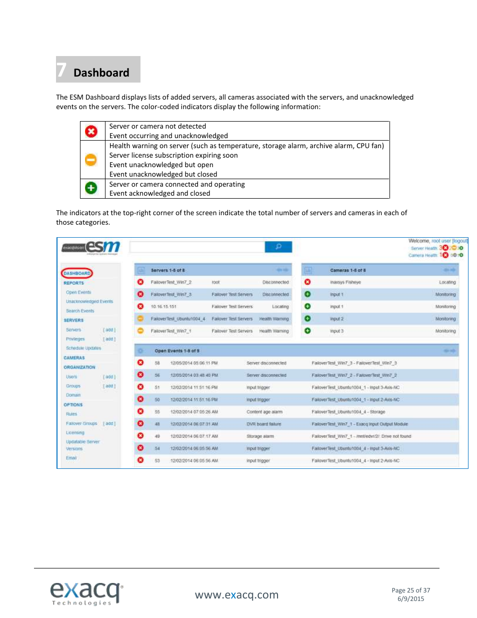 7 dashboard, Dashboard | Exacq Enterprise System Manager User Manual User Manual | Page 25 / 37
