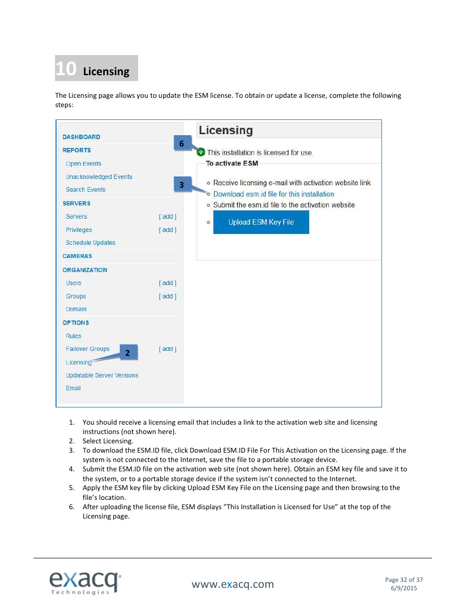 10 licensing, Licensing | Exacq Enterprise System Manager User Manual User Manual | Page 32 / 37
