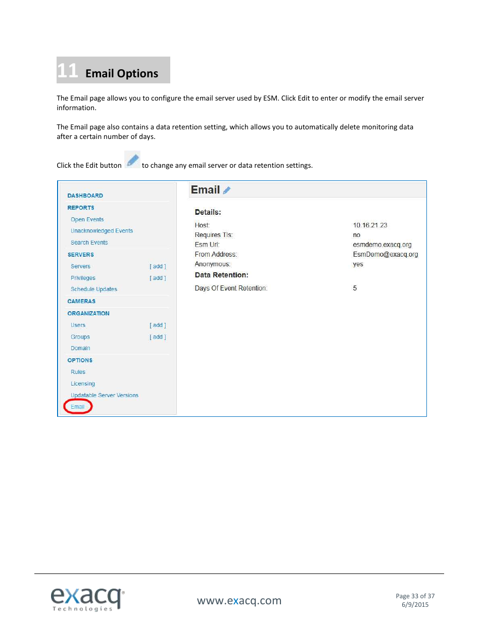 11 email options, Email options | Exacq Enterprise System Manager User Manual User Manual | Page 33 / 37