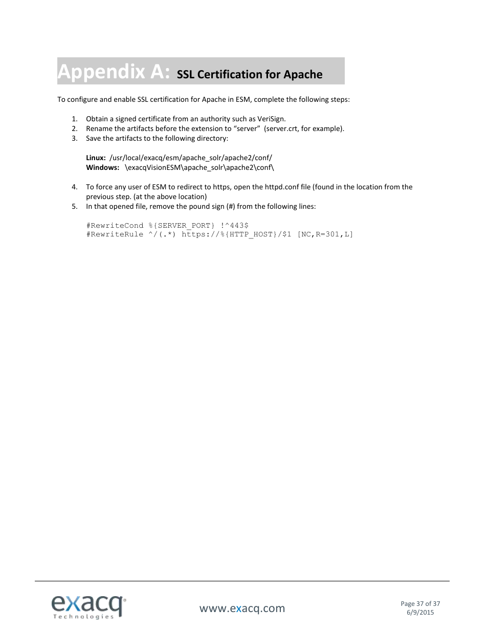 Appendix a: ssl certification for apache, Appendix a, Ssl certification for apache | Exacq Enterprise System Manager User Manual User Manual | Page 37 / 37