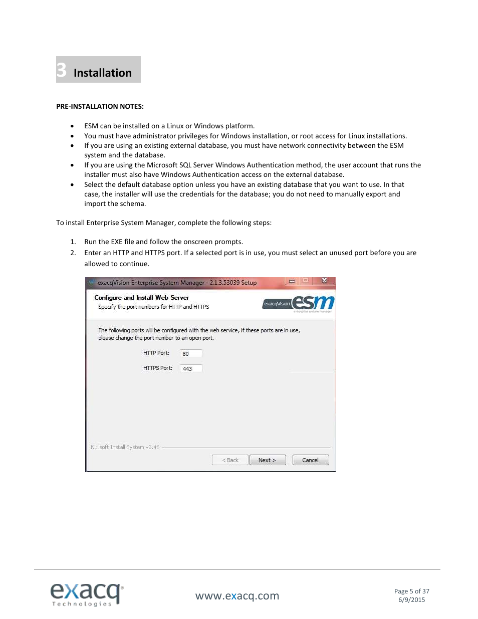 3 installation, Installation | Exacq Enterprise System Manager User Manual User Manual | Page 5 / 37