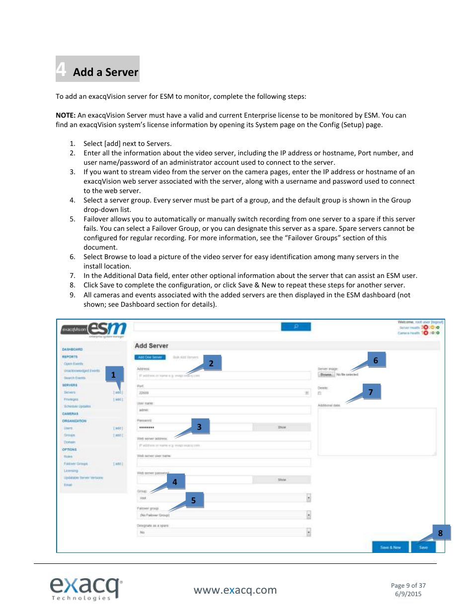 4 add a server, Add a server | Exacq Enterprise System Manager User Manual User Manual | Page 9 / 37