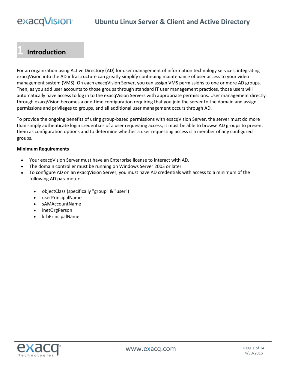 Exacq exacqVision Server/Client OS: Linux Active Directory User Manual User Manual | 14 pages