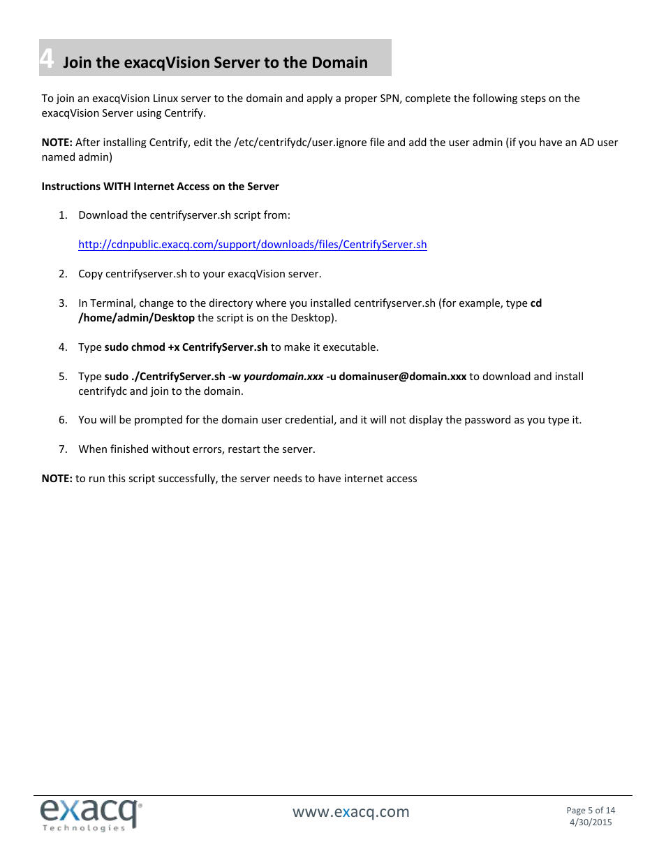 Join the exacqvision server to the domain | Exacq exacqVision Server/Client OS: Linux Active Directory User Manual User Manual | Page 5 / 14