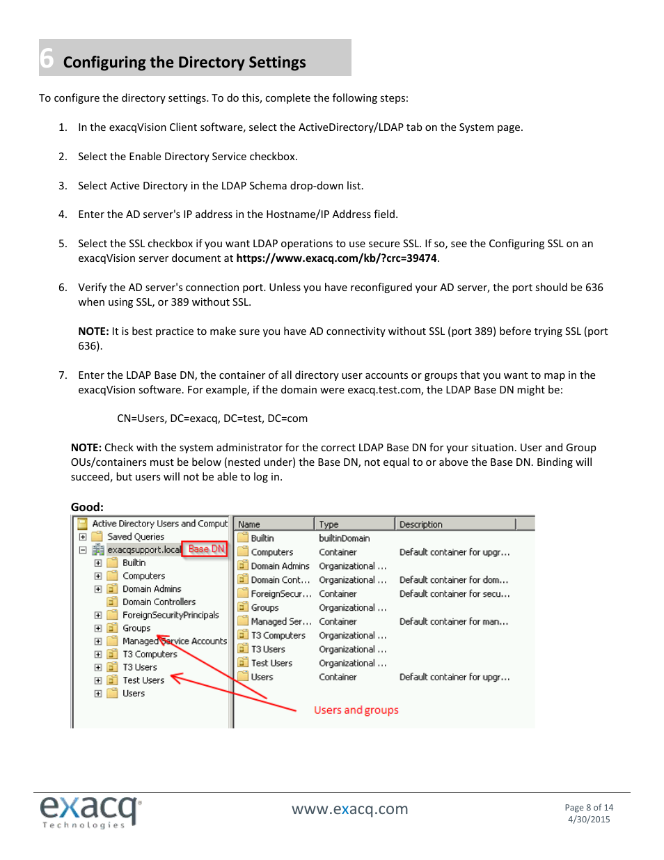 Configuring the directory settings | Exacq exacqVision Server/Client OS: Linux Active Directory User Manual User Manual | Page 8 / 14